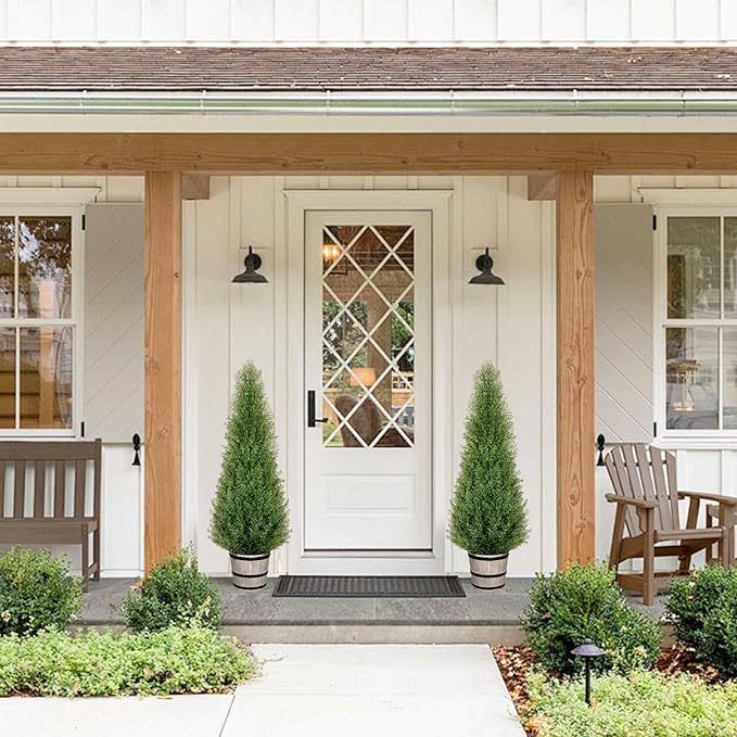 3FT Artificial Cedar Topiary Trees with Rustic Barrel Planter, Outdoor Indoor Realistic Faux Pine Shrubs Plants, Fake Cypress Trees for Home Offices Porch Decor, Set of 2