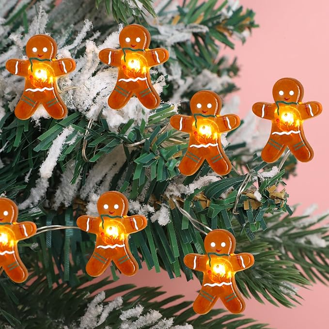 Impress Life Festive Decoration String Lights, Gingerbread Man Cookies 10 ft 40 LEDs with Battery/USB Powered Dimmable Fairy Lights with Remote for House Bedroom Decorative, Wedding Home