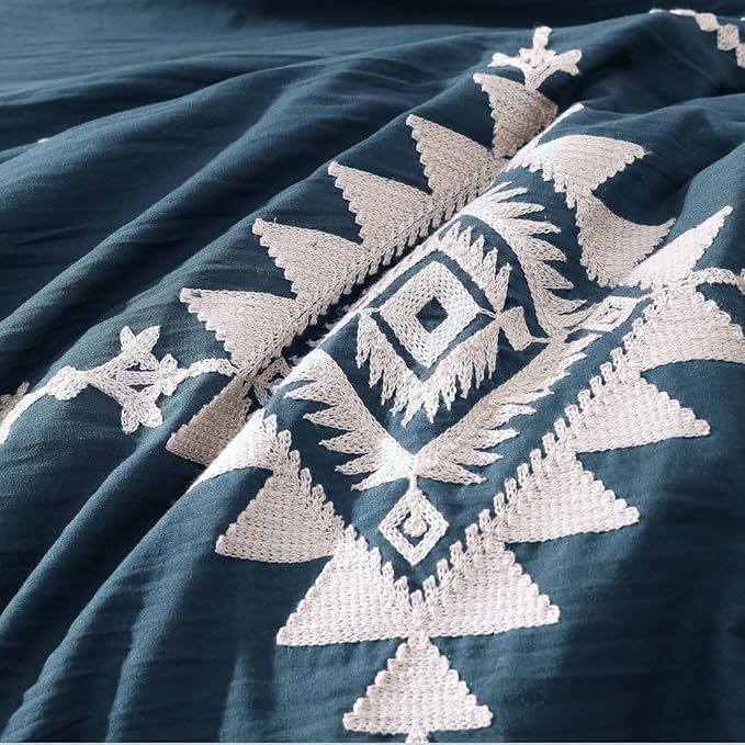 MaiRêve Embroidery King Size Comforter Set Navy Blue, Boho Farmhouse Western Bedding Set 7 Pieces, All Season Bed in A Bag Comforter Set with Sheets, Pillowcases & Shams