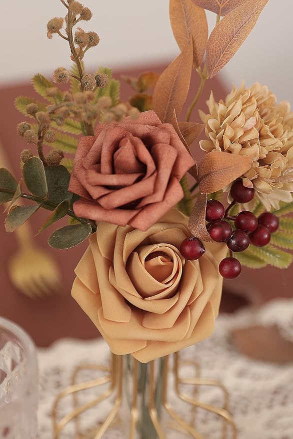Artificial Flowers Combo Box Set Burnt Orange Fake Flower Leaf Box with Stems for DIY Wedding Bouquets Centerpieces Arch Arrangement Baby Shower Party Home Decorations