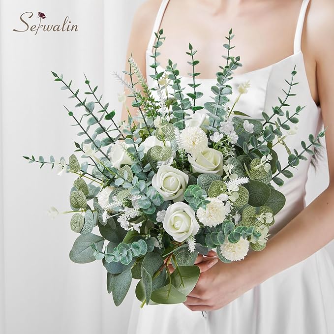 Serwalin 100 Pcs 7 Kinds Mixed Artificial Eucalyptus Leaves Stems Bulk with Flowers Faux Silver Dollar Eucalyptus Stmes Greenery Branches for Wedding Floral Arrangement Centerpieces Home Decor