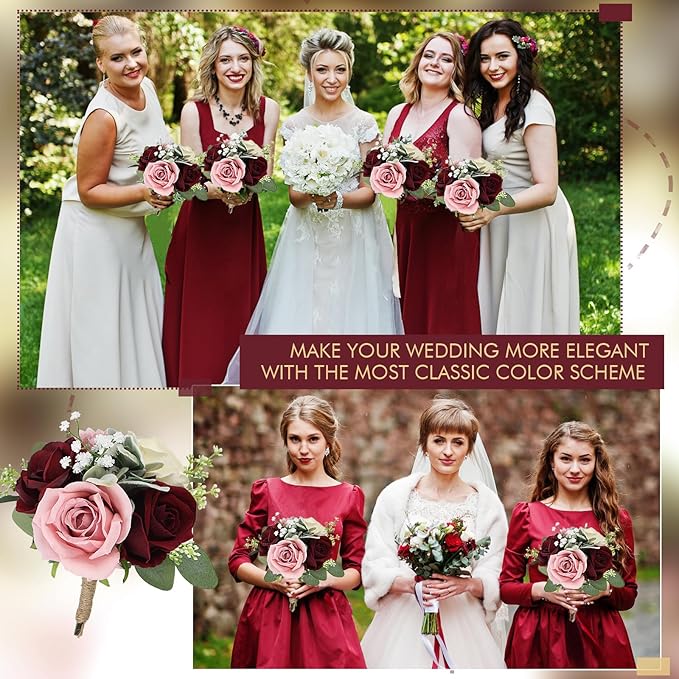 Set of 2 Artificial Bridesmaid Bouquets Blush & Burgundy -7 Inch Silk Rose Wedding Flower Bouquets for Bridesmaid Holding Flowers , Bridal Shower, Wedding Centerpiece Ceremony and Anniversary