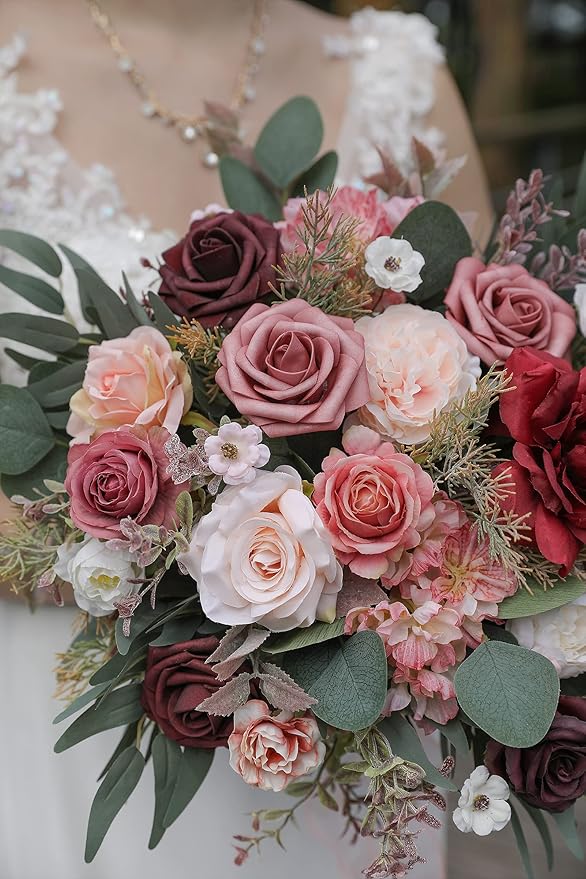 Artificial Flowers Combo Box Set Burgundy Pink Fake Flower Leaf Box with Stems for DIY Wedding Bouquets Centerpieces Arch Arrangement Baby Shower Party Home Decorations