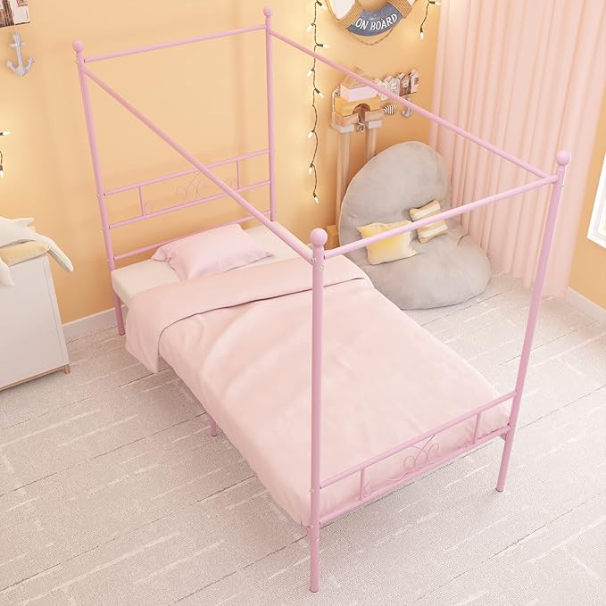 Weehom Twin Canopy Bed Frame with Headboard and Footboard, 4 Posters Metal Bed Frame, No Box Spring Needed, Mattress Foundation Platform Bed for Kids and Adults, Pink