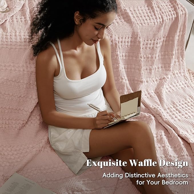 PHF 100% Cotton Waffle Weave Blanket Twin Size for Bed, Soft Lightweight & Breathable, All-Season Comfort, Luxury Aesthetic Woven Bedding for Home Decor, 66"x90", Pink/Mauve