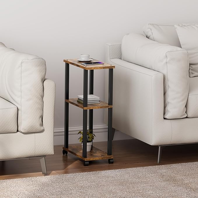 TUTOTAK Small Side Table, Narrow End Table, Bedside Table, Set of 2, Couch Side Table with Wheels for Living Room or Bedroom, Brown TB01BB0612