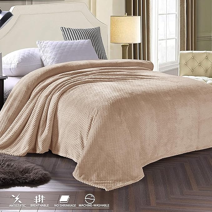 Exclusivo Mezcla Fleece Bed Blanket Queen Size, Super Soft and Warm Blankets for Couch, Sofa and Bed Waffle Textured, Cozy, Fuzzy and Lightweight (Camel, 90x90 Inches)