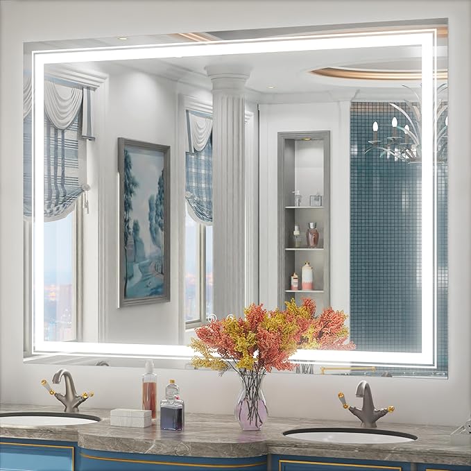 48 x 36 Inch LED Bathroom Mirror with Lights, Wall Mounted Lighted Bathroom Vanity Mirrors, Stepless Dimmable, Memory Funtion, Anti-Fog, 6000K, Shatter-Proof, Horizontal or Vertical