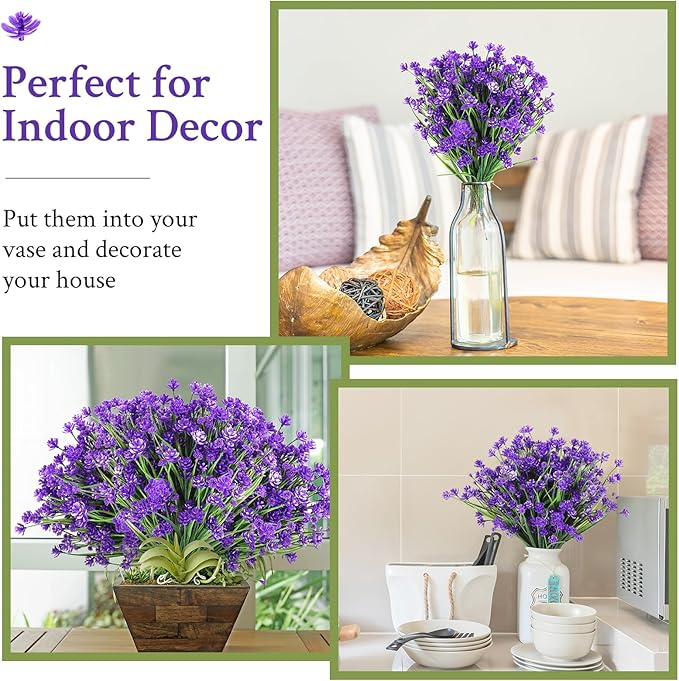 Hoteam 50 Bundles Outdoor Artificial Flowers Plants Uv Resistant Outside Faux Flowers Plastic Fake Plants Outdoor Summer Fall Seasons Decoration Shrubs Garden Porch Box, Purple