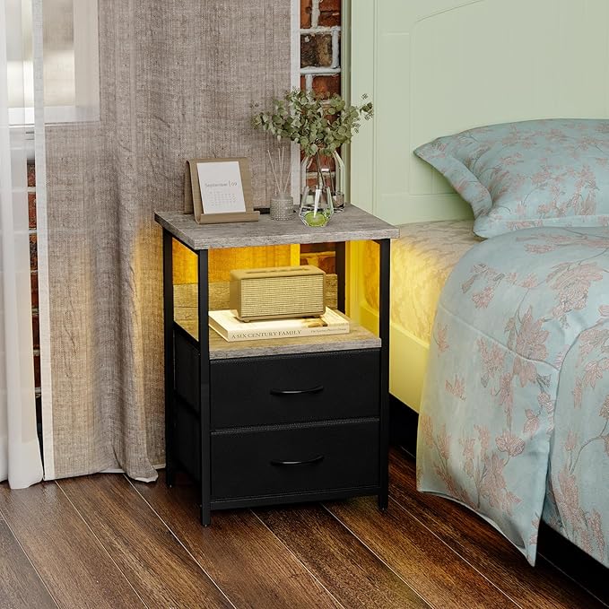 Fixwal Night Stand with Charging Station, LED Nightstand with U-S-B Ports and Outlets, 2 Fabric Storage Drawers with PU Finish, Bed Side Table, French Oak