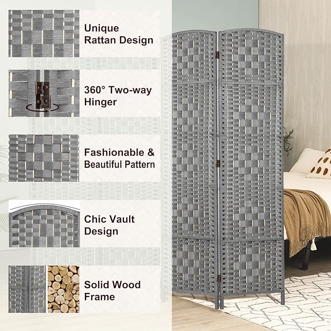 Rose Home Fashion 6 ft Tall Room Divider, Room Dividers and Folding Privacy Screens, 15.7in Privacy Screen 4 Panel Partition Temporary Wall Separation for Private, Grey