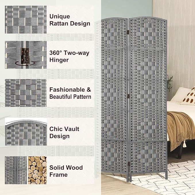 Rose Home Fashion 6 ft Tall Room Divider, Room Dividers and Folding Privacy Screens, 15.7in Privacy Screen 6 Panel Partition Temporary Wall Separation for Private, Grey