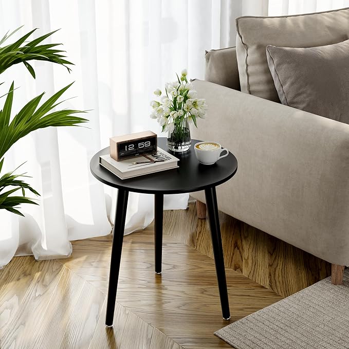 Apicizon Black Round Side Table, Black End Table Bedside Table Nursery with Wood Legs, Nightstand for Living Room, Bedroom, 16.5 x 20.5 Inches