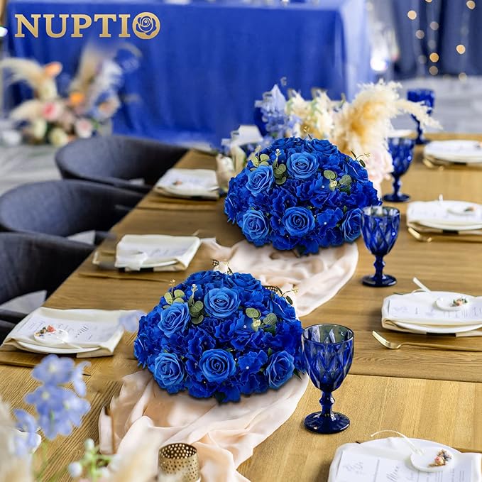 NUPTIO Artificial Flower Centrepieces for Tables - 2 Pcs Large Fake Flowers Roses Balls 15.7 inch Diam - Royal Blue Silk Faux Rose Arrangement Bouquet for Wedding Party Centerpiece Table Decorations