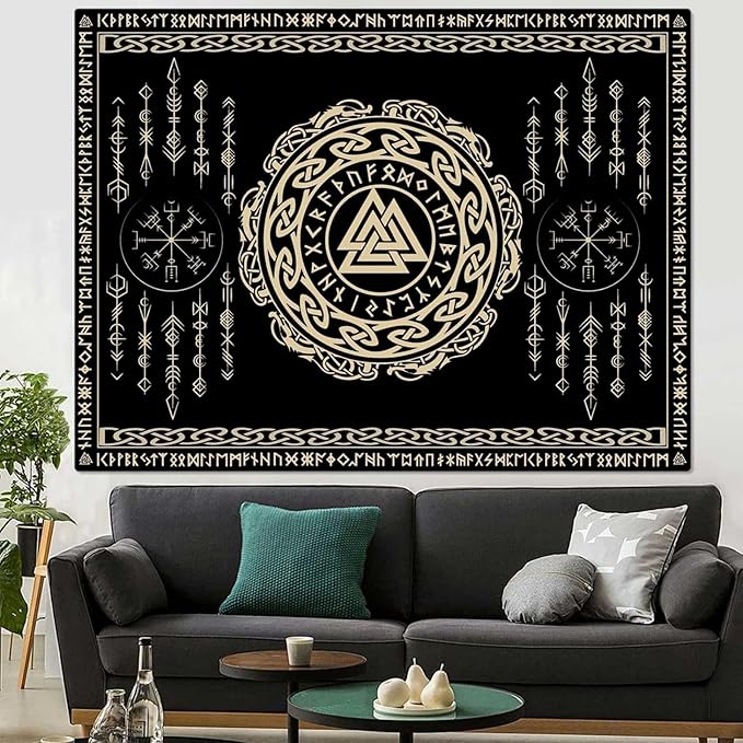 OSUNBD Nordic Viking Tapestry Wall Hanging - Large 106x70 inches Soft Flannel with Valknut, Celtic Runes & Norse Mythology Scandinavian for Bedroom, Living Room Decor
