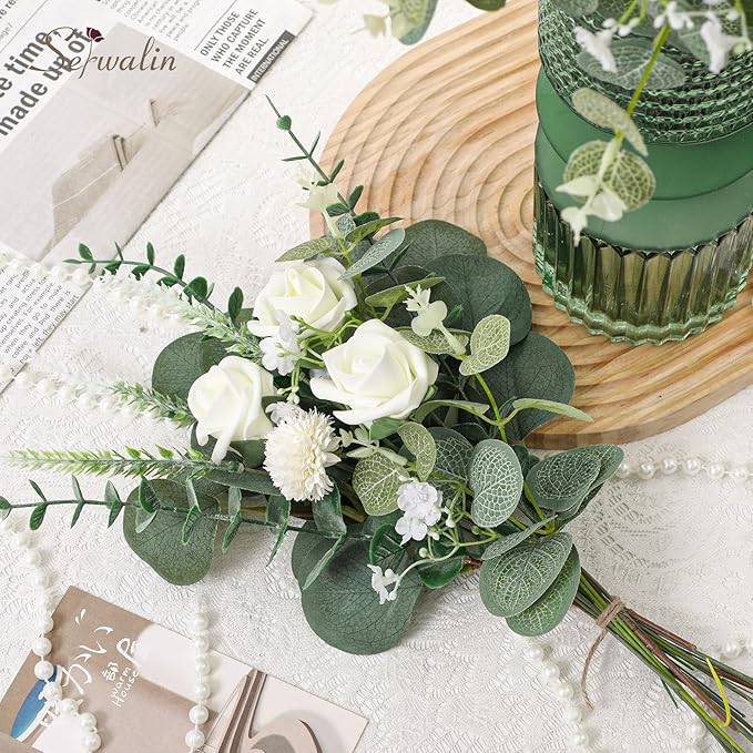 Serwalin 100 Pcs 7 Kinds Mixed Artificial Eucalyptus Leaves Stems Bulk with Flowers Faux Silver Dollar Eucalyptus Stmes Greenery Branches for Wedding Floral Arrangement Centerpieces Home Decor