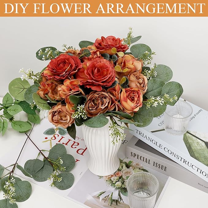 Burnt Orange Peony Artificial Flowers, Fall Faux Peonies Hydrangea Eucalyptus Bouquet 12 Packs Silk Vintage Realistic Peony Floral Arrangement for Wedding Centerpiece Table Vase Autumn Decor