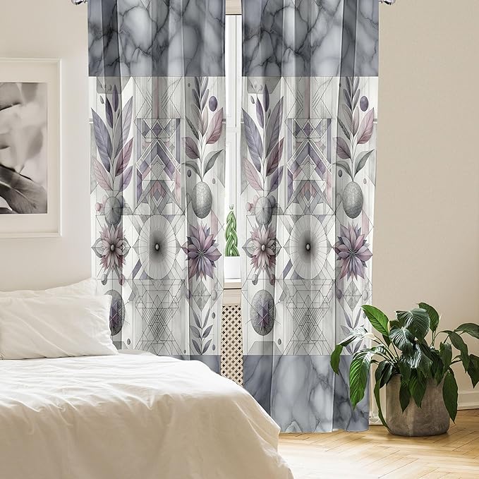 Ambesonne Geometric Floral Window Curtains Pack of 2, Classic Marble Print Ornate Leafy Flowers and Futurist Stripes, Lightweight Set with Rod Pocket, 4 Panels of - 28" x 95", Ceil Blue Laurel Green