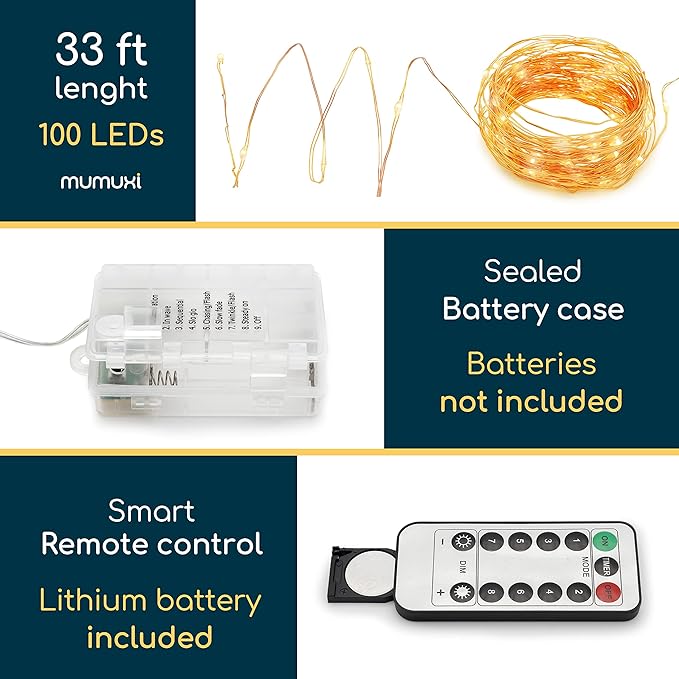 MUMUXI 2 Pack 33ft 100 LED Fairy Lights with Timer, Ourdoor Battery-Powered Twinkle and Remote Control, Christmas String Lights, Warm White Waterproof Decorative Lighting for Holidays and Events