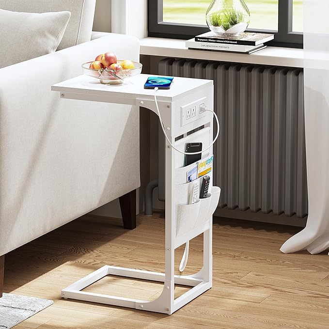TUTOTAK C Shaped End Table with Charging Station, Side Table for Sofa, Couch Table with Storage Bag, Set of 2, TV Tray Table with 2 USB Ports and Outlets for Living Room, Bedroom, White TB01BW0242