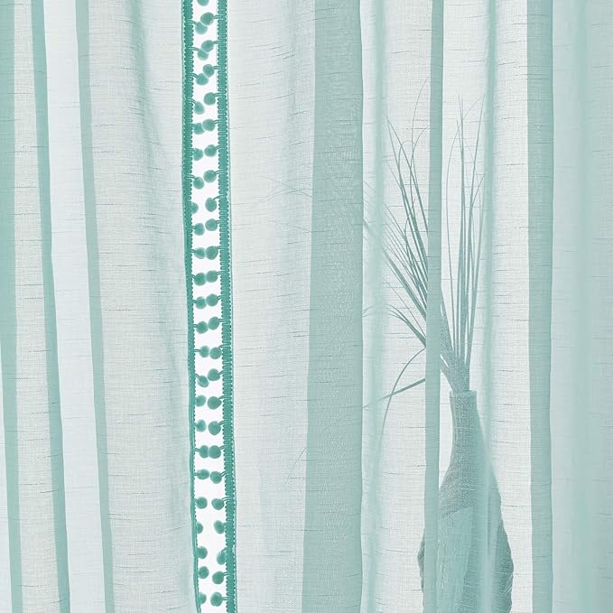 Treatmentex Pompom Sheer Curtains for Kids-Room 72" Aqua-Blue Slub Textured Window Sheer Panels for Bedroom Living Room 52" Wide, 2 Panels Rod Pocket