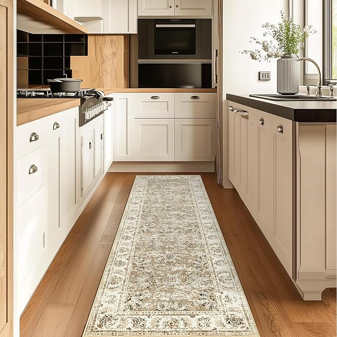 jinchan Runner Rug 2x5 Machine Washable Hallway Rug Taupe Vintage Floral Print Non-Slip Low Pile Ultra-Thin for Kitchen,Entryway,Laundry Room,Bedroom,Farmhouse (2‘x5’,Taupe)