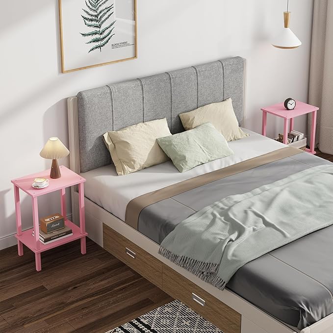 TUTOTAK End Table, Set of 2, Side Table, Nightstand, 2-Tier Storage Shelf, Sofa Table for Small Space, Living Room, Bed Room, Pink TB01BP035