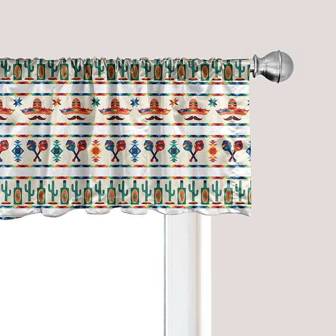Ambesonne Mexican Window Valance, Latin American Cultural Native Borders Indigenous Saguaro Sombrero Tequila Bottle, Curtain Valance for Kitchen Bedroom Decor with Rod Pocket, 42" x 12", Jade Green