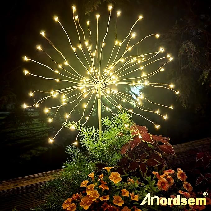 Anordsem Solar Lights Outdoor Decorative: Bendable Copper Wire with 120 LED Firework Beads - Waterproof DIY Warm Fun Decorating Yard Garden Patio - Christmas Gifts for Homeowner Over 30