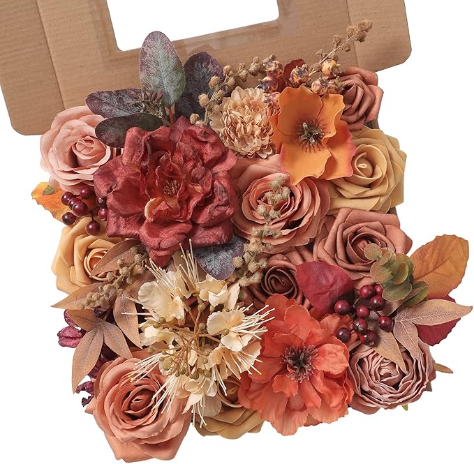 Artificial Flowers Combo Box Set Burnt Orange Fake Flower Leaf Box with Stems for DIY Wedding Bouquets Centerpieces Arch Arrangement Baby Shower Party Home Decorations
