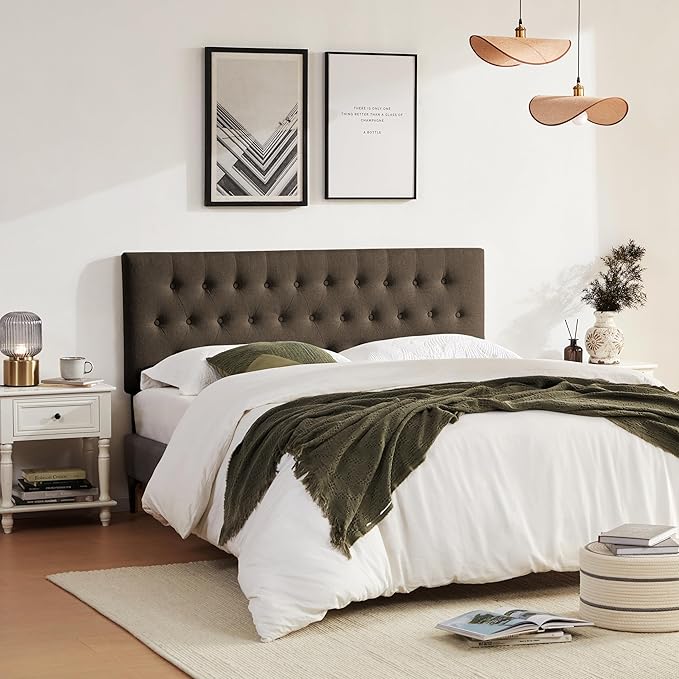 Tufted Upholstered Headboard Full Size, Solid Wood Head Board with Durable Metal Legs, Adjustable Height Bed headboard from 37” to 51” Fabric Headboard in Modern Button Design, Chocolate