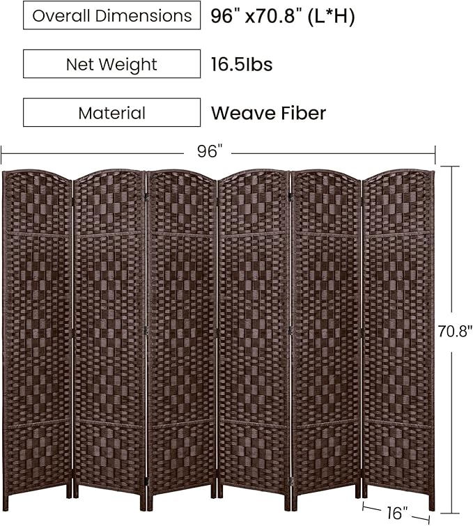 Rose Home Fashion Room Divider, 6 ft Tall Room Dividers and Folding Privacy Screens, 16in Privacy Screen 6 Panel Brown Space Temporary Wall Foldable Partition Separation