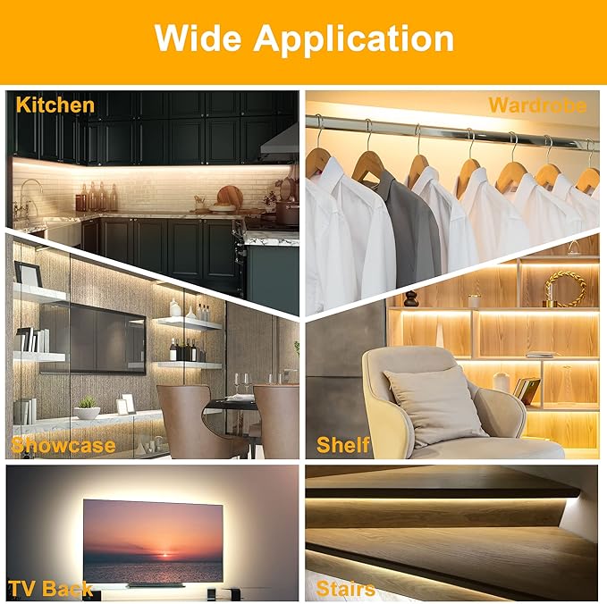 LAFULIT 10 PCS Under Cabinet Lights Kit, Stick on Lights, Flexible Led Strip Lights with Remote and Power Adapter, for Kitchen Cabinets Shelf Desk Counter Corner, 2700K Warm White, 16.4ft