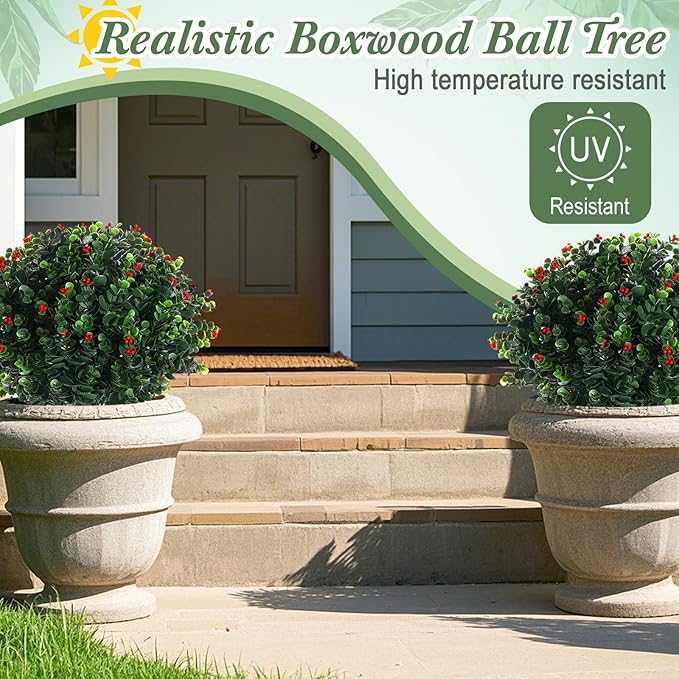 XunYee 4 Pcs 20" Artificial Topiary Ball Trees, Outdoor Artificial Shrubs Faux Bushes UV Resistance Greenery Fake Plants Tree with Ground Spike for Garden Porch Patio Indoor Decoration (Red Berries)
