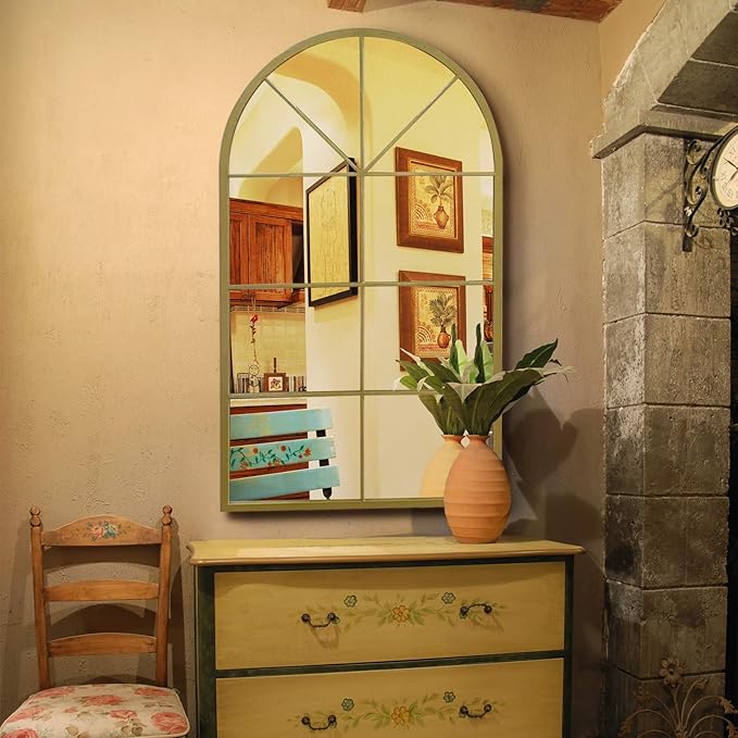 ironsmithn Large Arched Grid Mirror, Gold Windowpane Mirror, 43.3"x25.5" Window Finished Metal Mirrors for Decor Living Room Fireplace Entryway Bedroom Hallway