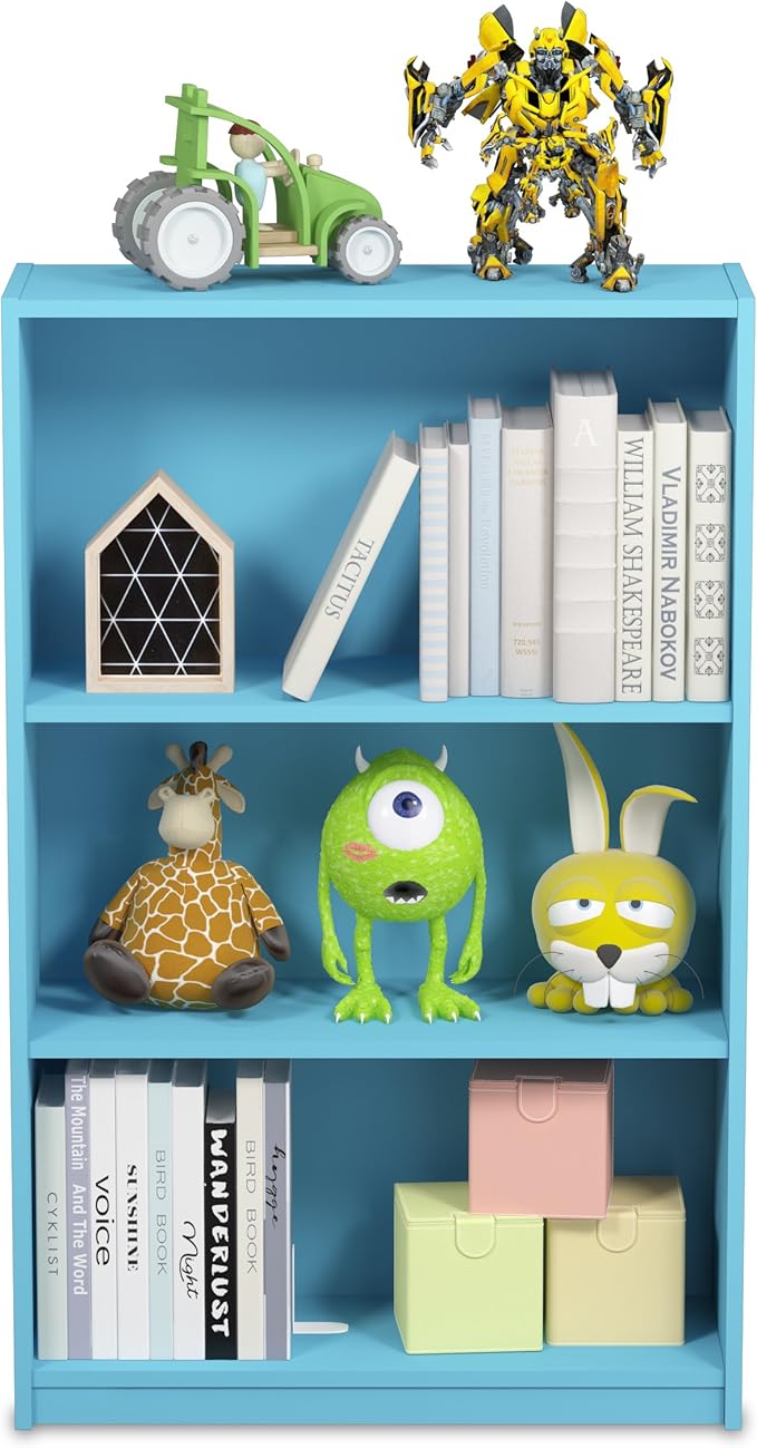 Furinno JAYA Book Shelf, 3-Tier Bookshelf, Bookcase with Adjustable Shelves, 9.5 x 24.5 x 40.3, for Living Room, Bedroom, Home Office, Light Blue