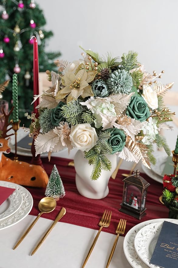 Christmas Artificial Flowers Greenery Combo Box Set Silk Flowers Fake Rose for DIY Christmas Red Theme Decoration Tree Ornaments, Xmas Wreath Floral Arrangements Party