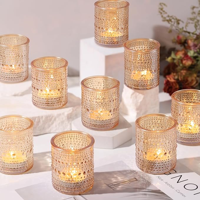 15Pcs Glass Votive Candle Holders, Gold Tea Light Candle Holders Vintage Fall Tealight Candle Holder Bulk for Autumn, Thanksgiving Table Centerpieces, Christmas Decor (Gold)
