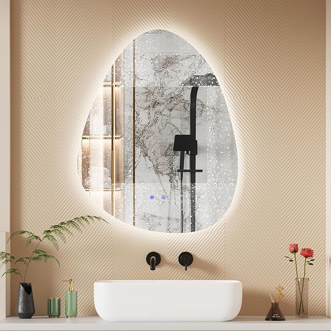 QDSSDECO Irregular LED Bathroom Mirror with Lights,Asymmetrical Led Bathroom Vanity Mirror for Wall with Front and Backlit, Anti Fog, 3 Colors and Dimmable Light, 22" x 28"