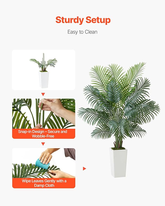 VEVOR Artificial Areca Palm Tree 6 ft, Fake Palm Tropical Plants with White Tall Planter, Faux Floor Silk Plant in Pot, Large Trees for Home Office Living Room Decor House Warming, Indoor Outdoor