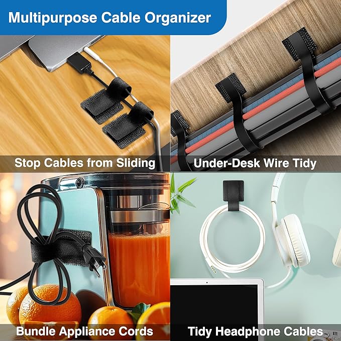 Cable Management Kit – 40 Self-Adhesive Hook & Loop Cable Ties with 2 Extension Straps, Strong Adhesive Cord Organizer for Desk, Wall, Home & Office – Adjustable Wire Holders (Black)
