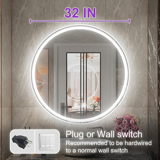 32 Inch Frameless Round Lighted Bathroom Mirror with Front & Backlit - 6000K Daylight, Dimmable, Anti-Fog, CRI 90+, 5mm HD LED Mirror