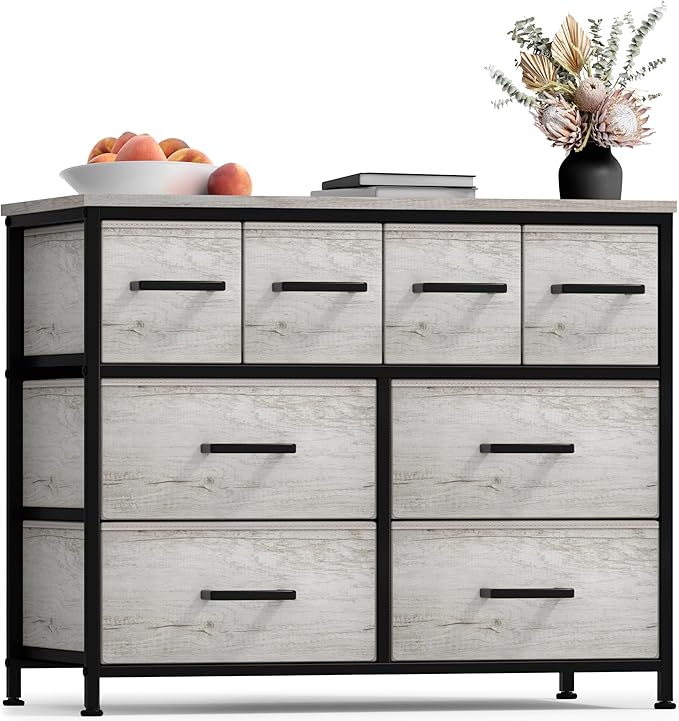 Sorbus Dresser with 8 Faux Wood Drawers - Chest Organizer Unit with Steel Frame Wood Top & Handle Easy Pull Fabric Bins for Clothes - Large Storage Furniture for Bedroom Hallway, Living Room & Closet