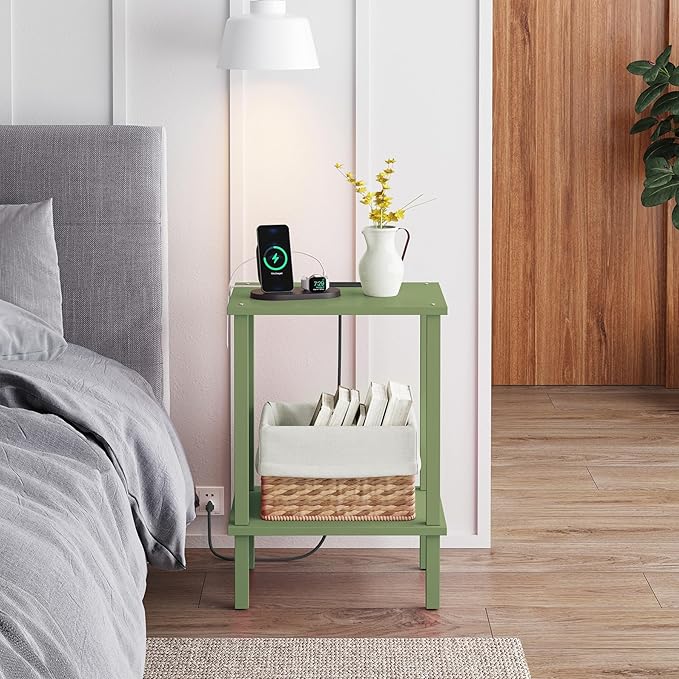 TUTOTAK End Table with Charging Station, Set of 2, Small Side Table with Outlets, Nightstand Bedside Table, 2-Tier Storage Shelf for Small Space, Living Room, Bedroom Olive Green TB01BOG041