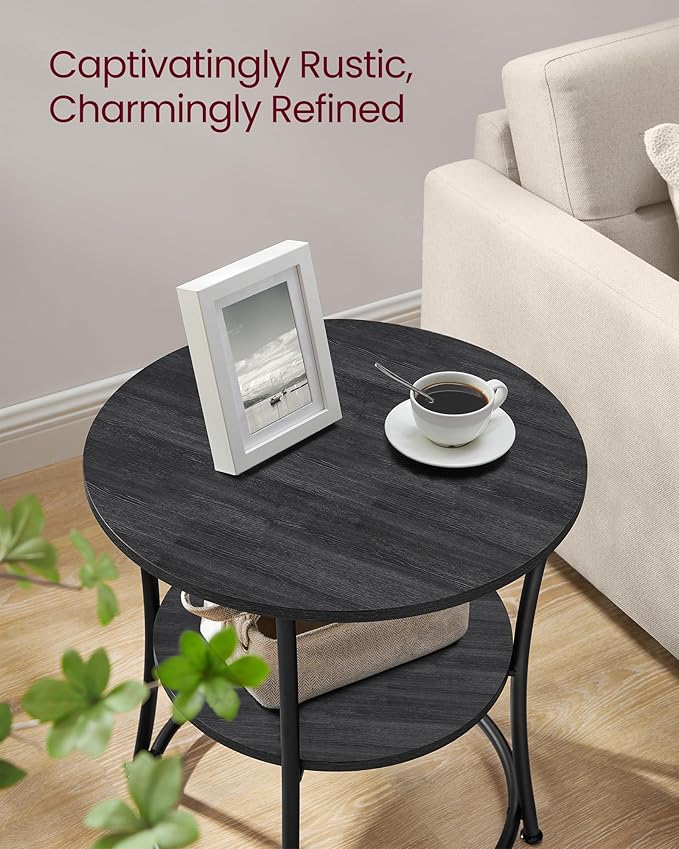 VASAGLE Side Table, 2-Tier Round End Table, Nightstand with Steel Frame for Small Spaces, Living Room, Bedroom, Charcoal Gray and Ink Black
