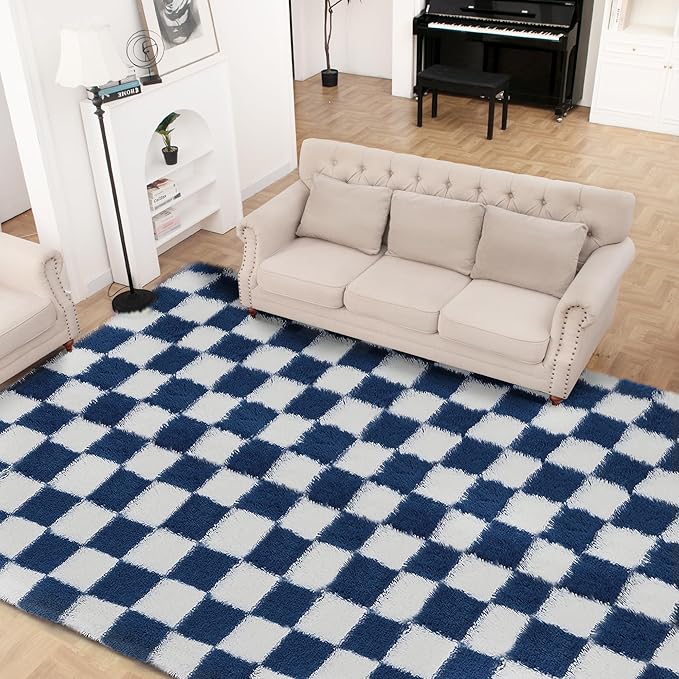 Super Soft Rug for Bedroom, 4x6 ft Blue and White Area Rug Classic Checkered Shaggy Anti-Skid High Pile Soft Fluffy Rug Fuzzy Carpet for Living Room Bedroom Kids Room Nursery, Dorm