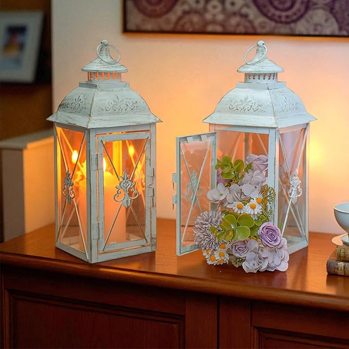 TRIROCKS Set of 2 Vintage Hanging Lantern - 13.5'' Decorative Metal & Tempered Glass Candle Holder - Ideal for Indoor/Outdoor Events, Patio, Garden, Parties White & Gold Brush Finish