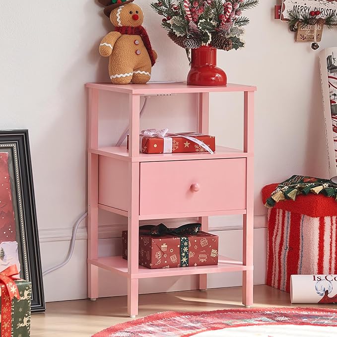 Lerliuo Nightstand Set of 2 with Charging Station and USB Ports, 3-Tier Storage Pink End Table with Drawer Shelf, Night Stand for Small Spaces, Wood Bedside Table for Living Room, Bedroom — Light Pink