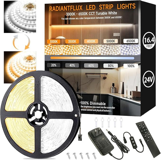 16.4ft Dimmable White LED Strip Light Kit, Dimmable 3000K-6500K, 24V Strip Lights with Remote Control, Flexible LED Strip Light, Eye Protection for Bedroom, Home Lighting, Mirror, Kitchen, Bar Cabinet
