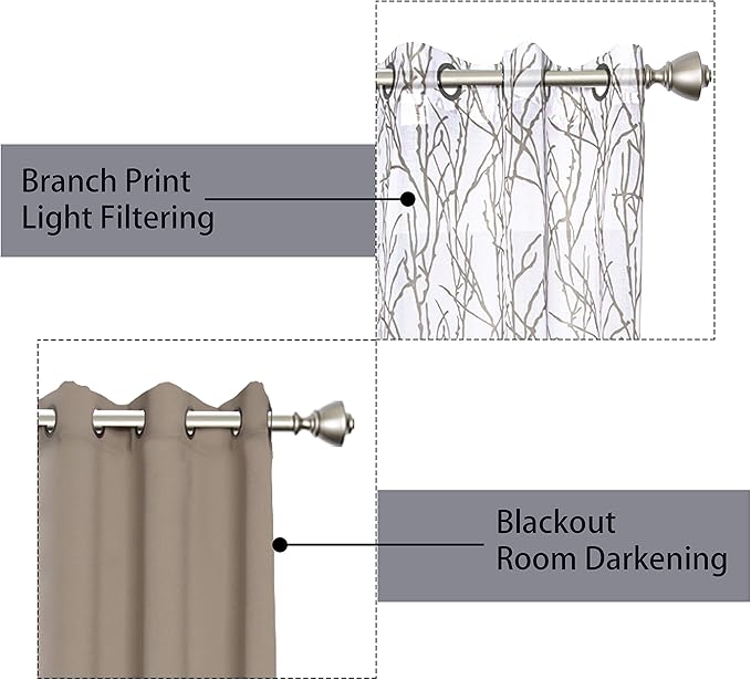 BONZER Mix and Match Curtains - 2 Pieces Branch Print Sheer Curtains and 2 Pieces Blackout Curtains for Bedroom Living Room Grommet Window Drapes, 37x63 Inch/Panel, Taupe, Set of 4 Panels